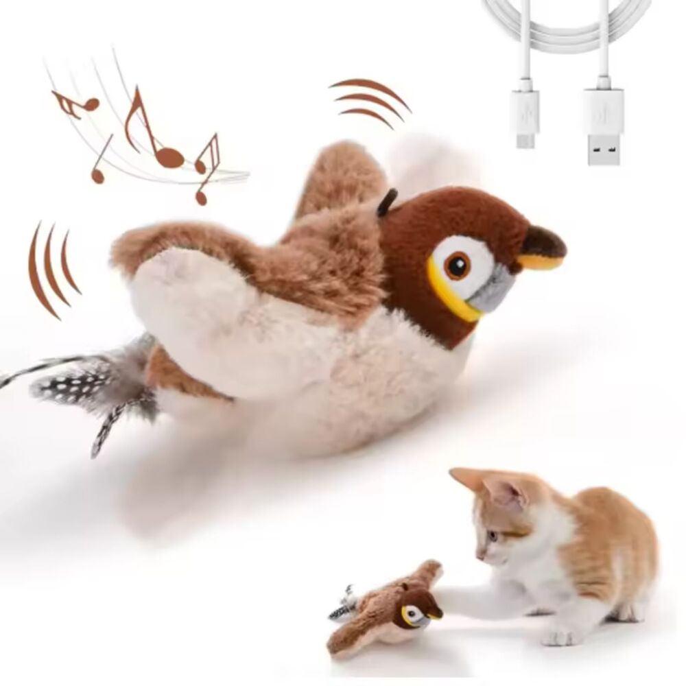 Rechargeable Interactive Cat Toy Touch Activated Chirping Flapping Plush Bird